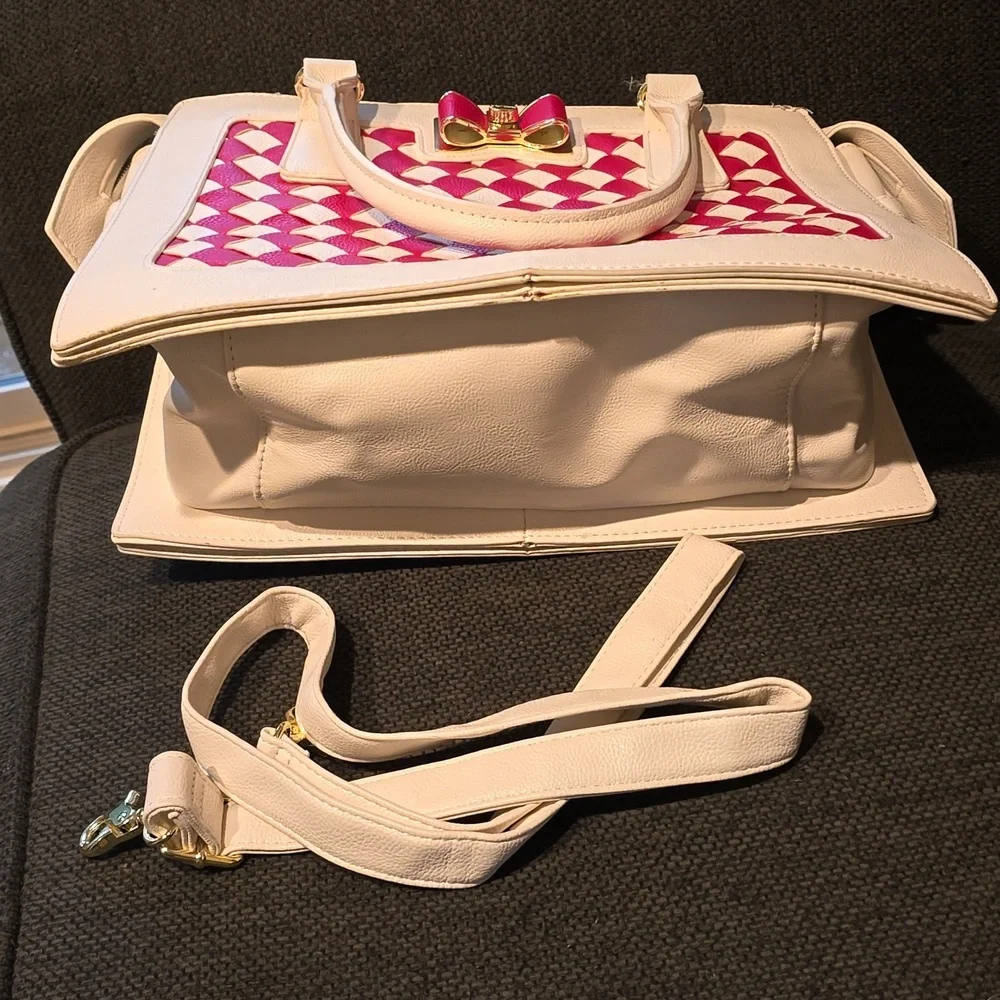 Betsey Johnson White Satchel with Pink Woven Panel & Bow
